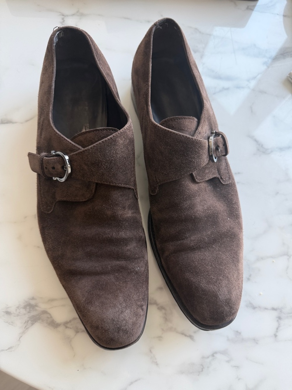 Salvatore Ferragamo Brown Suede Single Monk Strap Oxfords